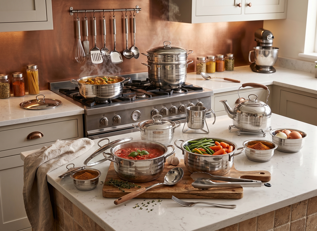 17-piece striped cookware set, assorted stainless steel