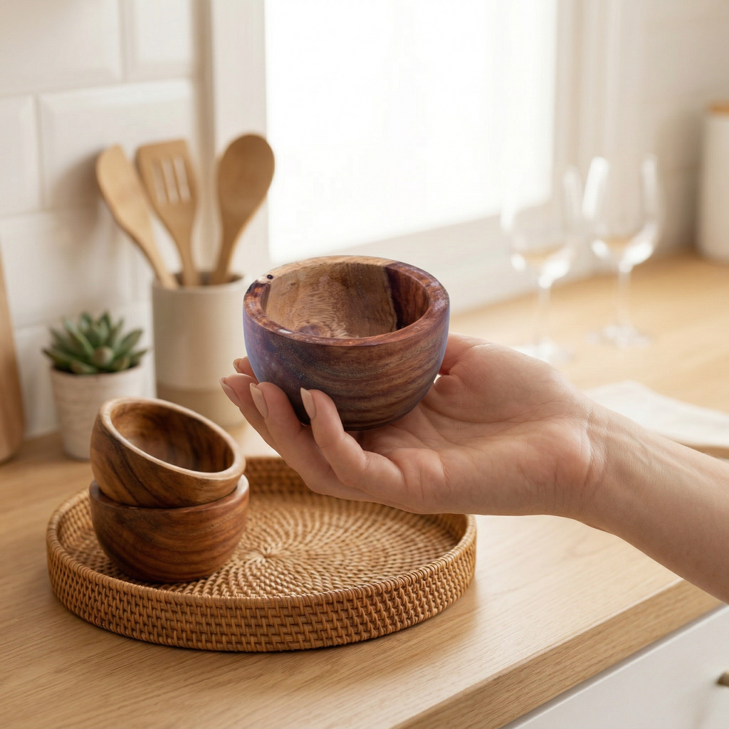 Set of wooden circular bowls