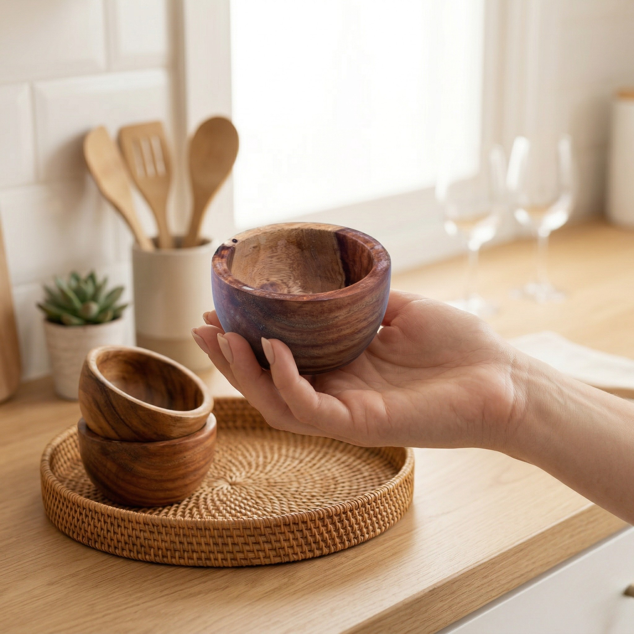 Set of wooden circular bowls