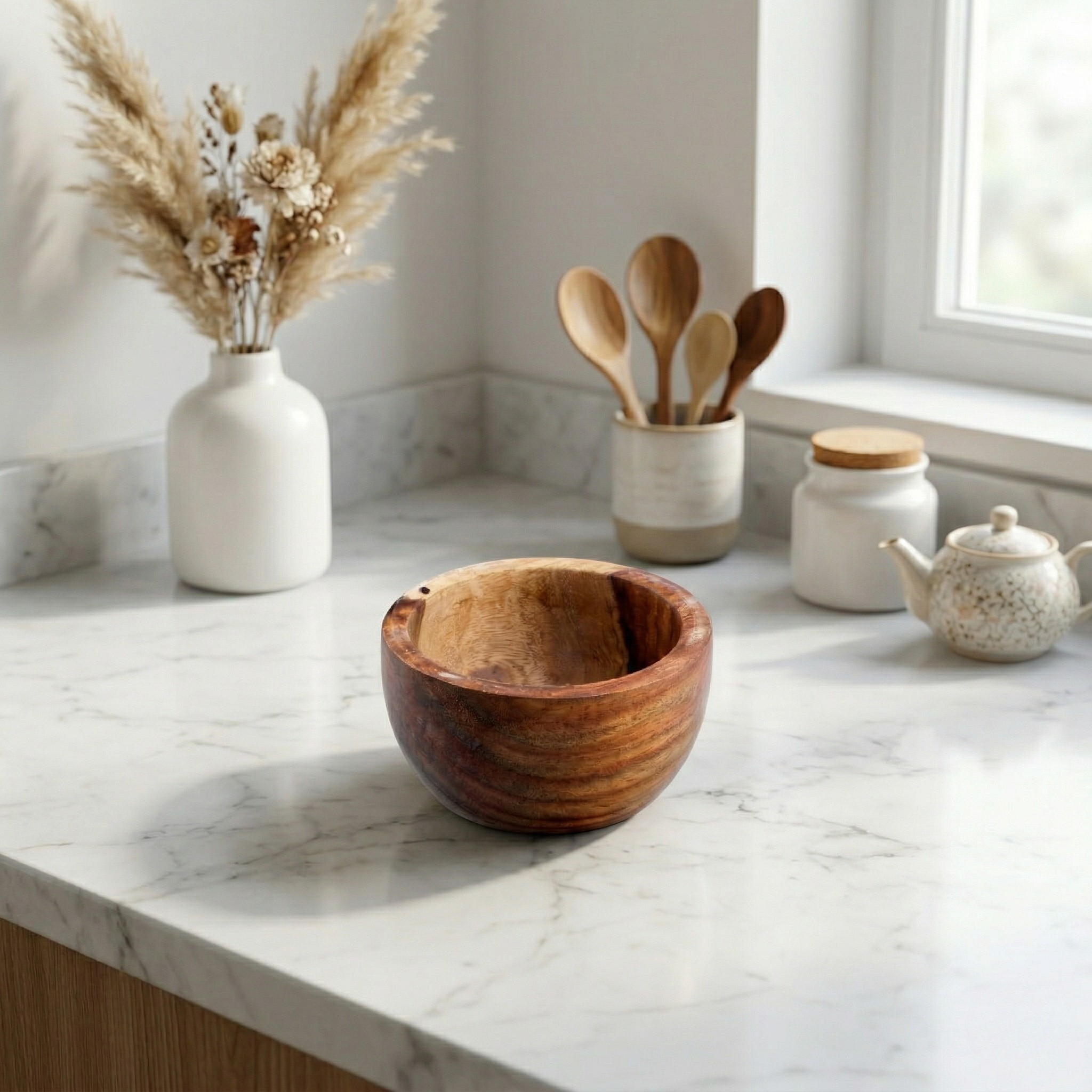 Set of wooden circular bowls