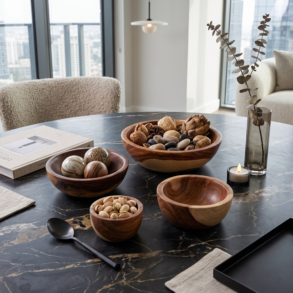 Set of wooden circular bowls