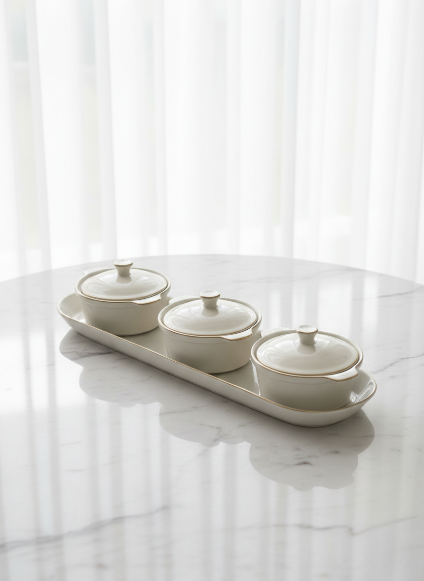 White Gold Rim Casserole Set